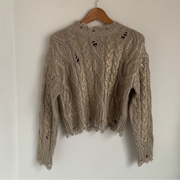 Zara Distressed Metallic Gold Cable Knit Sweater - Picture 4 of 11
